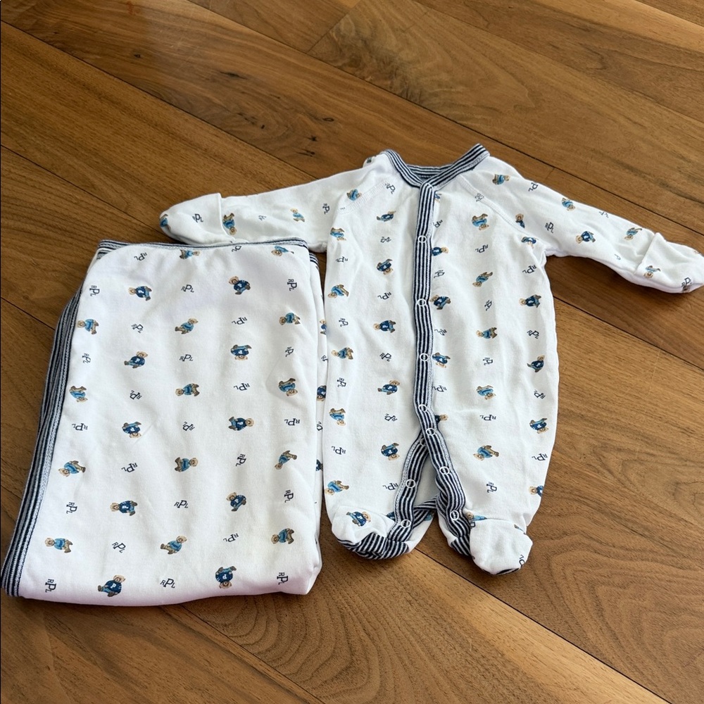 Ralph Lauren White Baby Footie with Navy Trim